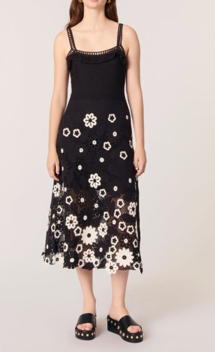 Maje Black White Floral Crochet Knit Openwork Maxi Dress Size 34 FR, US XS